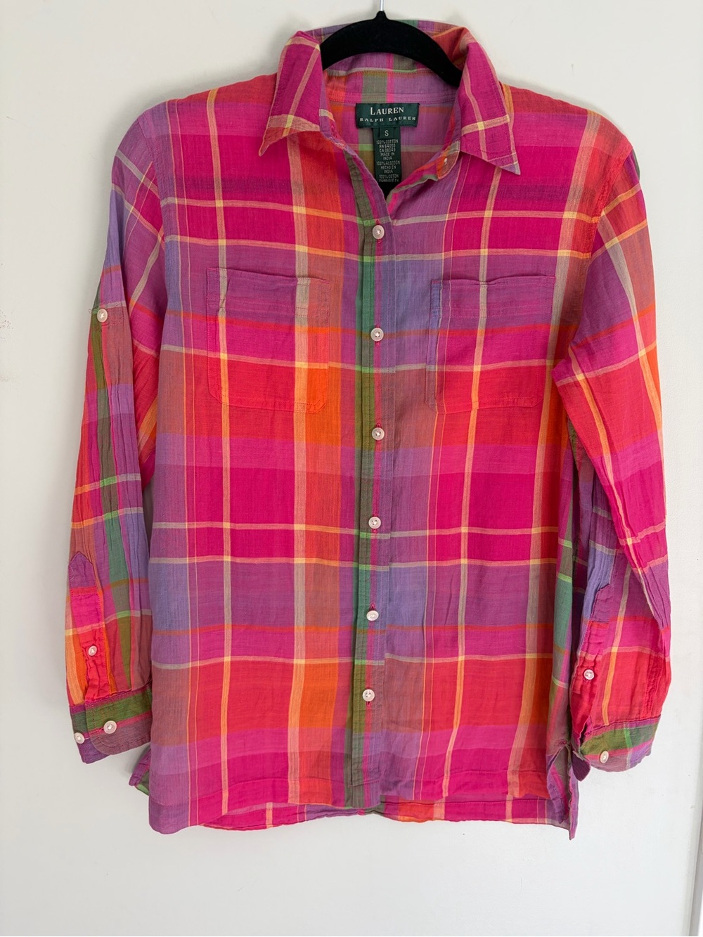 Lauren Ralph Lauren Pink Orange Purple Plaid Preppy Button-Down Shirt Size S